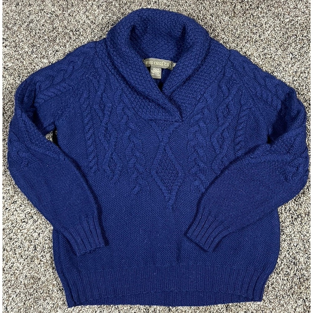 Inis Crafts Merino Wool Shawl Neck‎ Cable Knit Sweater Women's Size Medium Blue